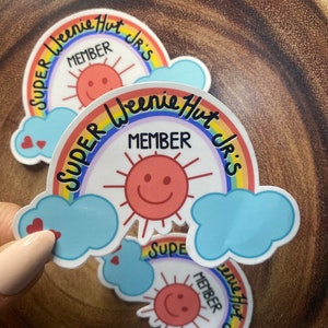 Spongebob Super Weenie Hut Jr. Member Title Glossy Rainbow Cloud and Smile Sticker, Kid TV Show Inspired Funny Meme Colorful Sticker