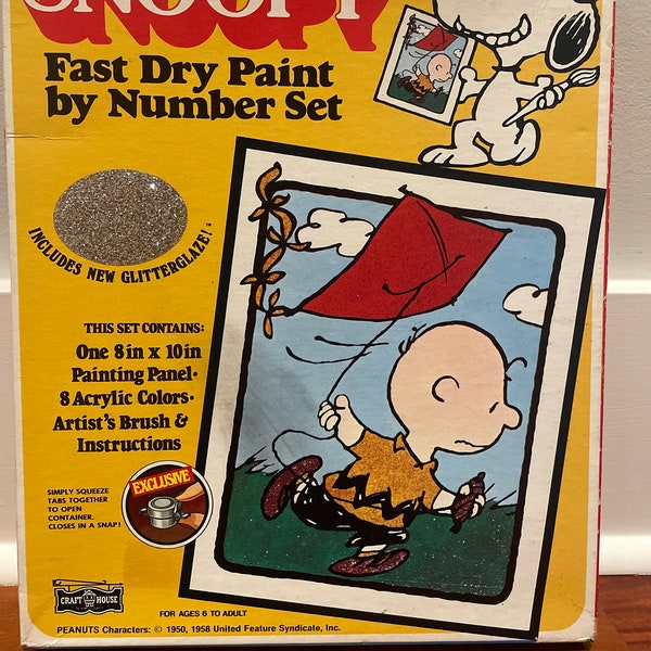 RARE vintage NIB Craft House Peanuts Charlie Brown Snoopy volant cerf-volant peinture sèche par numéro ensemble