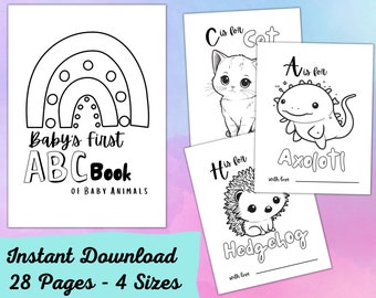 Baby's First ABC Book for Baby Shower Coloring Book with Baby Animals Alphabet Instant PDF Four Sizes Baby Sprinkle Game 28 Printable Pages