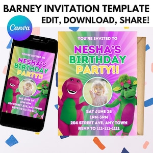 May include: A printable birthday party invitation featuring Barney and Baby Bop. The invitation is colorful with a rainbow background and has a photo placeholder for a child. The text reads "You're invited to Nesha's Birthday Party!" with the date, time, and location information below.