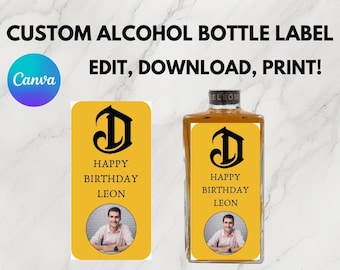 May include: A yellow alcohol bottle label with a black letter D, the text "Happy Birthday Leon", and a photo of a person. The label is designed to be customized with a name and photo.