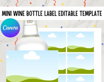 May include: Printable mini wine bottle labels with a green hill and blue sky design. The labels feature a white cloud and are editable.