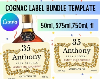 May include: A printable template for cognac bottle labels. The template features a gold and white design with the text "35 Anthony Very Special Henny Thing Is Possible Anthony & Co 40% Alc 375 ml".