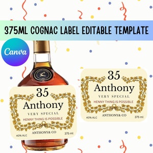 Etiquetas para licor de coñac de 375 ml / Etiquetas para botellas de 375 ml / Etiquetas para botellas de alcohol personalizadas / Plantilla editable de Canva