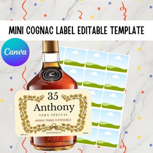 Etiquetas para licor de coñac de 50 ml / Etiquetas para mini botellas / Etiquetas para botellas personalizadas / Plantilla editable de Canva