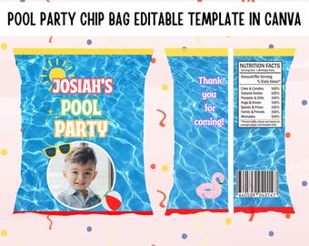 May include: A blue and yellow chip bag template featuring a pool scene and a photo placeholder. The text "Josiah's Pool Party" is on the front of the bag. The back of the bag has a pink flamingo pool float and the text "Thank you for coming!"