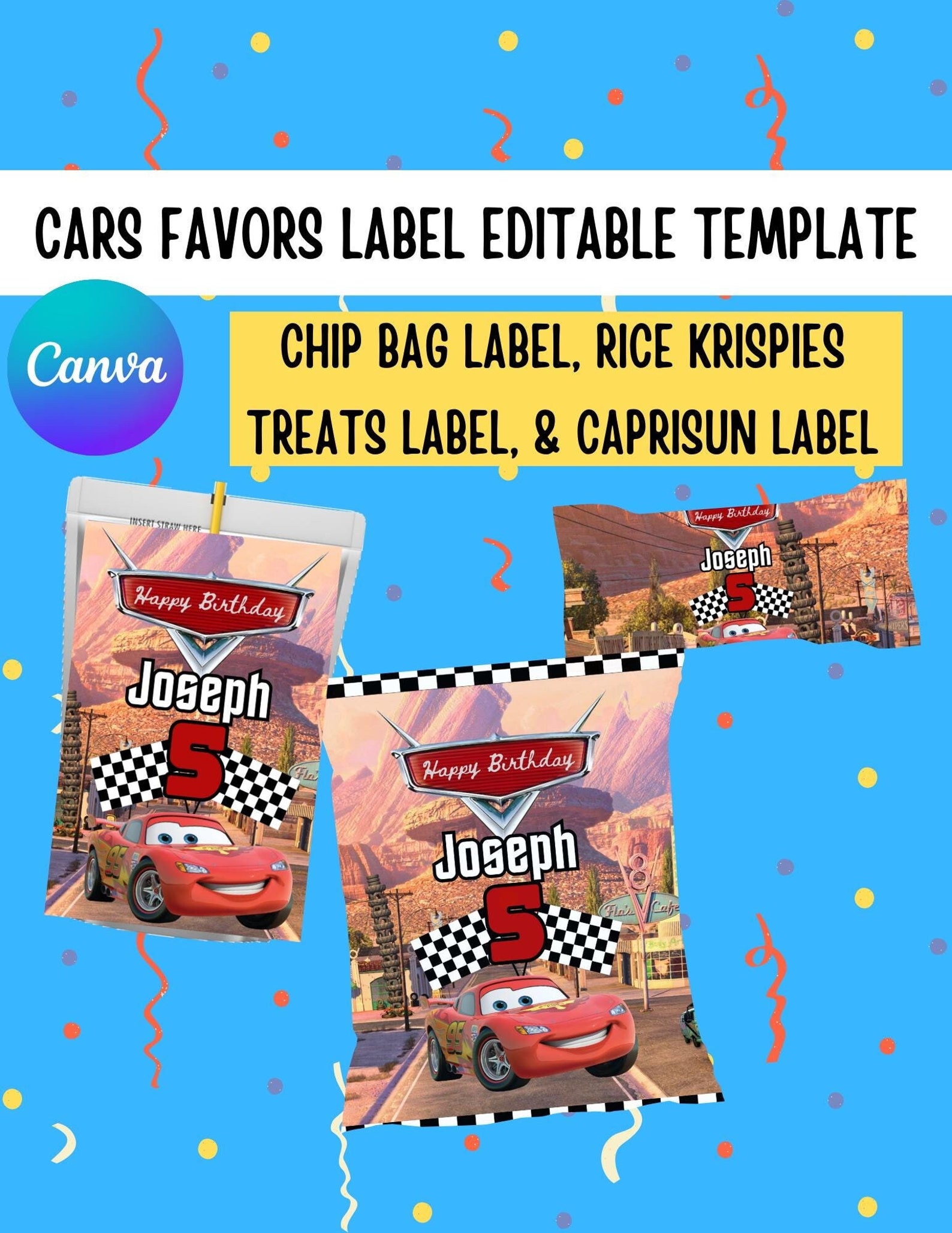 Cars Rice Printable Cars Party Favor Bundle | Chip Bag | Rice Krispies Treat | Caprisun ...