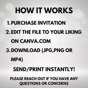 May include: A white background with black text explaining how to purchase, edit, and download an invitation. The text reads: "HOW IT WORKS 1. PURCHASE INVITATION 2. EDIT THE FILE TO YOUR LIKING ON CANVA.COM 3. DOWNLOAD (JPG,PNG OR MP4) SEND/PRINT INSTANTLY! PLEASE REACH OUT IF YOU HAVE ANY QUESTIONS OR CONCERNS"