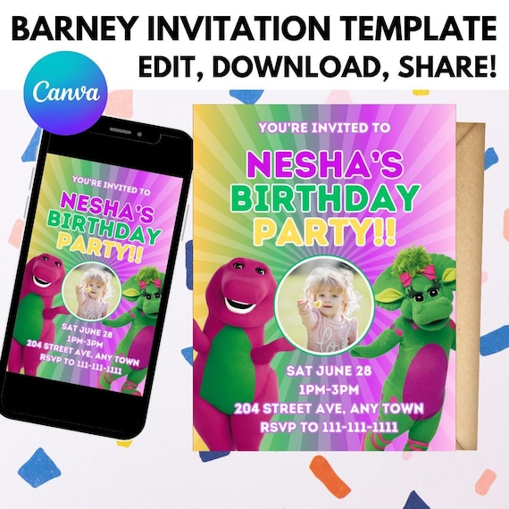 Barney Party Kids Invitation | Invitation Template | Editable Canva invite