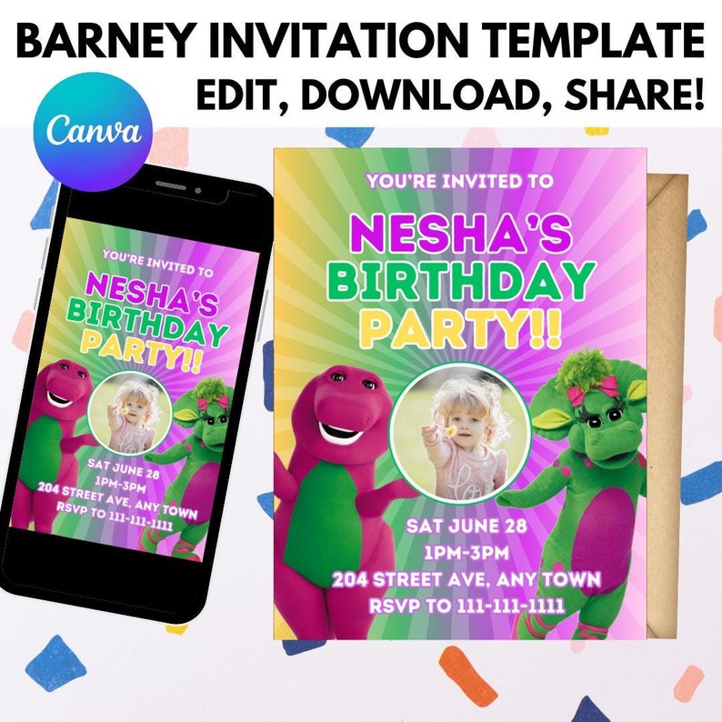 May include: A printable birthday party invitation featuring Barney and Baby Bop. The invitation is colorful with a rainbow background and has a photo placeholder for a child. The text reads "You're invited to Nesha's Birthday Party!" with the date, time, and location information below.