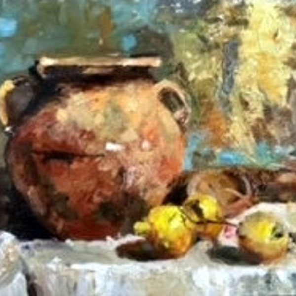 Still life abstract oil painting clay jugs bowls browns yellows pallet knife brush wall hanging fine art panel decorative impression
