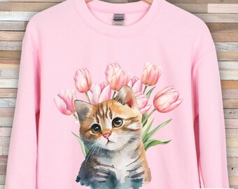 Tulip Cat Sweatshirt: Watercolor Kitten, Floral Cat Lover Gift