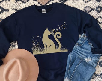 Cat & Butterfly Silhouette Sweatshirt - Cat Lover Gift