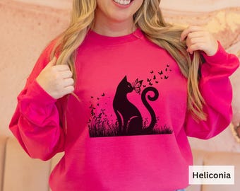 Black Cat & Butterfly Silhouette Sweatshirt - Cat Lover Gift