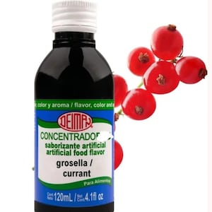 May include: A black bottle of DEIMA concentrated artificial food flavor, grosella/currant, with a white cap. The label is blue and white, with text in Spanish and English. A sprig of red currants is in the background. The bottle contains 4.1 fl oz.