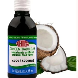 May include: A black bottle of DEIMA Concentrado D-15 coconut artificial food flavor, with a white cap, next to a halved coconut. The label reads "coco / coconut" and "120mL / 4.1 fl oz".
