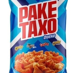 May include: A blue bag of Pake Taxo Quexo snacks. The bag has a blue and white geometric design. The bag contains a mix of extruded snacks and corn-based snacks. The bag also features the Cheetos, Doritos 3D, and Crujitos brands.