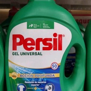 May include: A green Persil Gel Universal laundry detergent bottle with a red cap. The label features the Persil logo in red, with text in Spanish, and icons for stain removal and freshness. The bottle contains 3L of detergent.