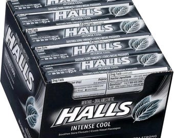 HALLS EXTRA STRONG Intense Cough Drops - Box Of 12 Rolls Each - Free Shipping