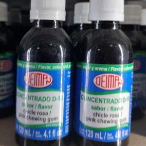 May include: Several dark glass bottles with white caps are displayed. Each bottle has a blue label with white text and the brand name "EIMP" in red. The label indicates the product is "Concentrado D-11" with a "pink chewing gum" flavor. Each bottle contains 120 mL or 4.1 fl oz.