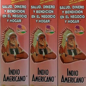 May include: Three identical packages of incense sticks. Each package features a portrait of a Native American man wearing a headdress. The packages have text in Spanish, including "Indio Americano" and "20 Pajuelas."
