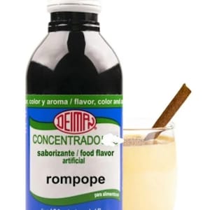 May include: A bottle of "DEIMA CONCENTRADO!" rompope flavoring with a white cap, blue label, and a glass of rompope with a cinnamon stick. The bottle contains 4.1 fl oz (120mL) of artificial food flavor.