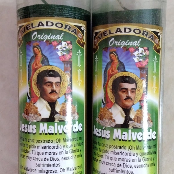 thumbnail interactive-video image 1 of Jesus Malverde Set De 2 Veladoras Y Tarjeta De Oración En Español 1 of 3