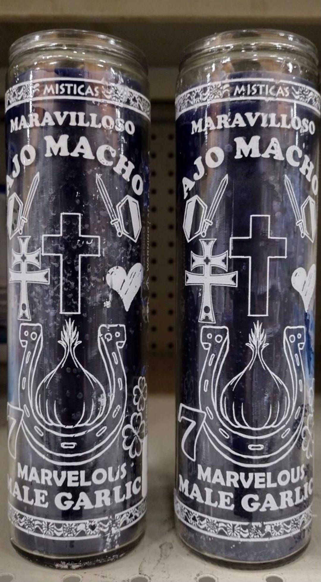 2X AJO MACHO VELADORAS De Vidrio Con Oracion / Male Garlic Candles