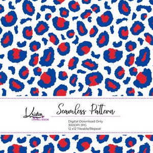 May include: A seamless pattern with a white backdrop, adorned with blue and red leopard spots. The design includes the text "Kristen Campbell Designs" and "Seamless Pattern". The digital download is 30.48 x 30.48 cm and tileable.