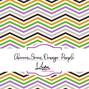 May include: Chevron pattern in green, orange, purple, black, and gray. The text "Chevron: Green, Orange Purple" and "Kristen Campbell Designs" is at the bottom of the image.