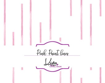 Könnte beinhalten: Weißer Hintergrund mit vertikalen rosa Farblinien. Der Text "Pink Paint Lines" ist in einer Schreibschrift, mit dem Namen "Kristen Campbell Designs" darunter, in einem lila Rahmen.
