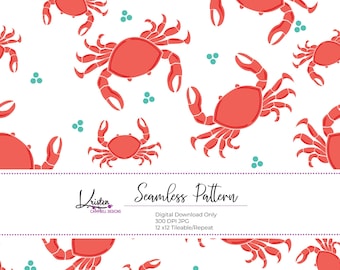 Crab Digital Seamless pattern, digital paper, scrapbooking, sublimation, crustacean, beach, sea life, coastal, nautical, commercial use