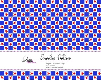 Blue Check Red Star seamless pattern, 4th of July, patriotic digital paper, scrapbooking, printable fabric, sublimation, commercial use