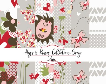 Hogs & Kisses Grey Bundle Seamless Repeat Valentines Day Printable digital scrapbooking paper sublimaton pattern Hedgehog paper