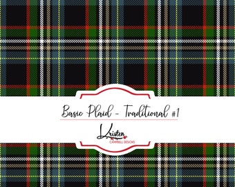 May include: A black, green, red, white, and blue plaid pattern with a white banner that reads "Basic Plaid - Traditional #1" and a red oval with the text "Kristen Campbell Designs".