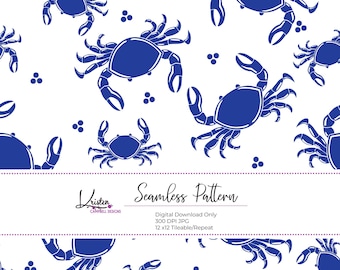 Indigo Crab Seamless pattern, digital paper, scapboooking, crab printable, crustacean, sublimation coastal, beach, sea life, commercial use