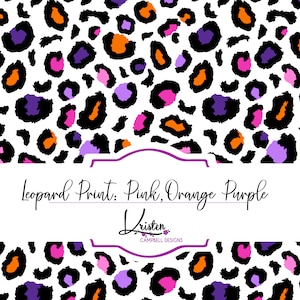 Könnte beinhalten: Nahtloses Leopardenmuster in Pink, Orange und Lila. Das Muster ist auf weißem Hintergrund.
