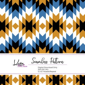 Azteeks naadloos patroon, zwart, blauw en oranje digitaal papier in Zuidwestelijke stijl, geometrisch Kilim-ruitpatroon, bestand voor sublimatie op stof