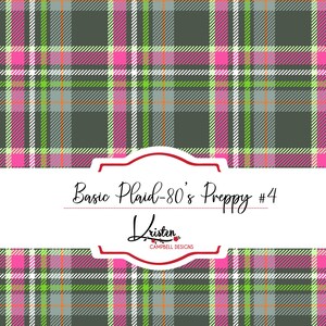 Puede incluir: Un diseño digital con un patrón de cuadros en tonos de verde, rosa, blanco y naranja. El texto "Basic Plaid-80's Preppy #4" y el nombre "Kristen Campbell Designs" se muestran en una pancarta blanca.