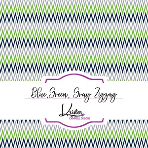 May include: A repeating pattern of blue, green, and gray zigzags. The design features horizontal rows of chevron shapes in alternating colors. The text "Blue, Green, Gray Zigzag" is displayed in a white banner.