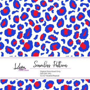 Könnte beinhalten: Nahtloses Muster mit weißem Hintergrund und blauen und roten Leopardenflecken. Das Design enthält den Text "Kristen Campbell Designs" und "Seamless Pattern". Digitaler Download, 300 DPI JPG, 12x12 kachelbar/wiederholbar.