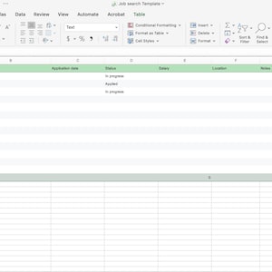 May include: Screenshot of a job search template in a spreadsheet program. The spreadsheet has column headers including "Company", "Position", "Application date", "Status", "Salary", "Location", and "Notes". The top menu bar includes options for file, edit, view, and more.