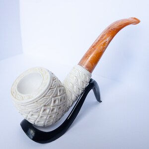 High Quality Basket Pattern XXL Lattice Bent Billard Meerschaum Pipe w leather Travel case *UNSMOKED*