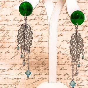 Dangly Leaf Earrings with Blue Drops - Stainlesss Steel, Glass, Acrylic