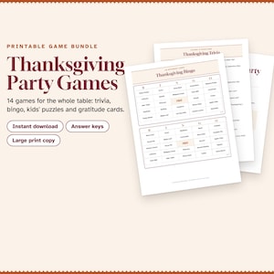 Thanksgiving-Spielepaket, 14 druckbare Spiele für Familie, Büro und Kindertisch, Quiz, Bingo, „Am ehesten …“, PDF in Großdruck