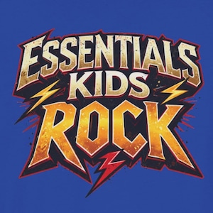 May include: A blue graphic design with the words "ESSENTIALS KIDS ROCK" in a distressed, rock-and-roll style font. The text is outlined in red and gold, with lightning bolt accents.