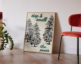 Impresión al aire libre, póster vintage, arte de pared imprimible, deténgase y huela los pinos, descarga digital, impresión retro de campamento, decoración de pared de cabaña instantánea
