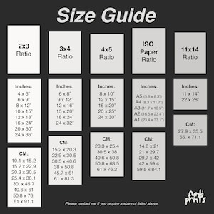 May include: A size guide for prints, showing different aspect ratios and their corresponding measurements in inches and centimeters. The guide includes standard paper sizes like A5, A4, A3, A2, and A1.