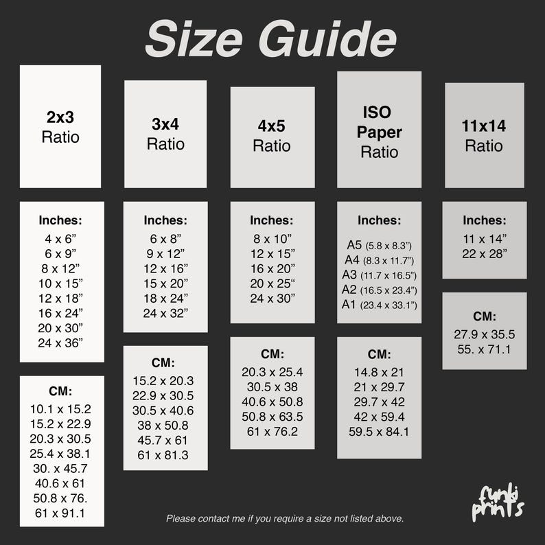 May include: A size guide for prints, showing different aspect ratios and their corresponding measurements in inches and centimeters. The guide includes standard paper sizes like A5, A4, A3, A2, and A1.