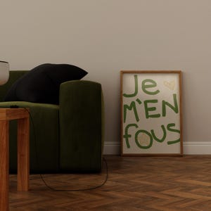 フランス語 Je M'en Fous プリント ウォールアート グリーン ビンテージ ポスター プリント 装飾 手描きポスター トレンディなウォールアート アパートの装飾 印刷可能なウォールアート